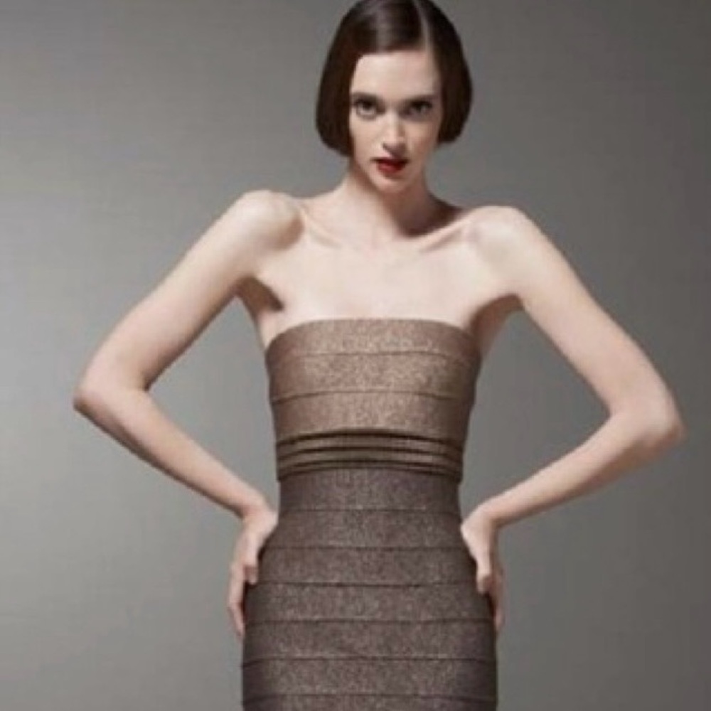 Carmen Marc Valvo Strapless Metallic Brown Bandage Dress